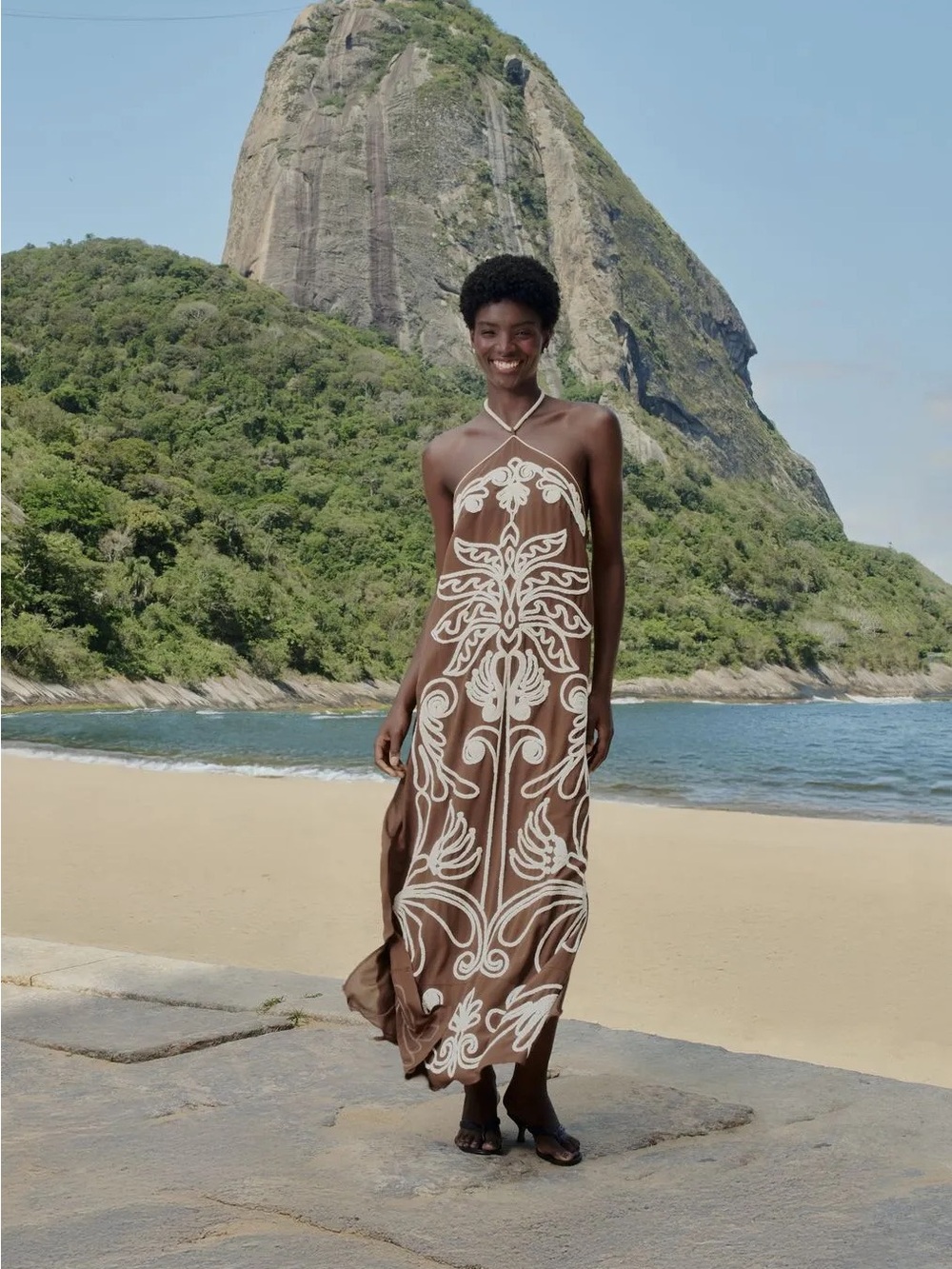 Farm Rio Brown Halter Maxi Dress with White Embroidered Pattern